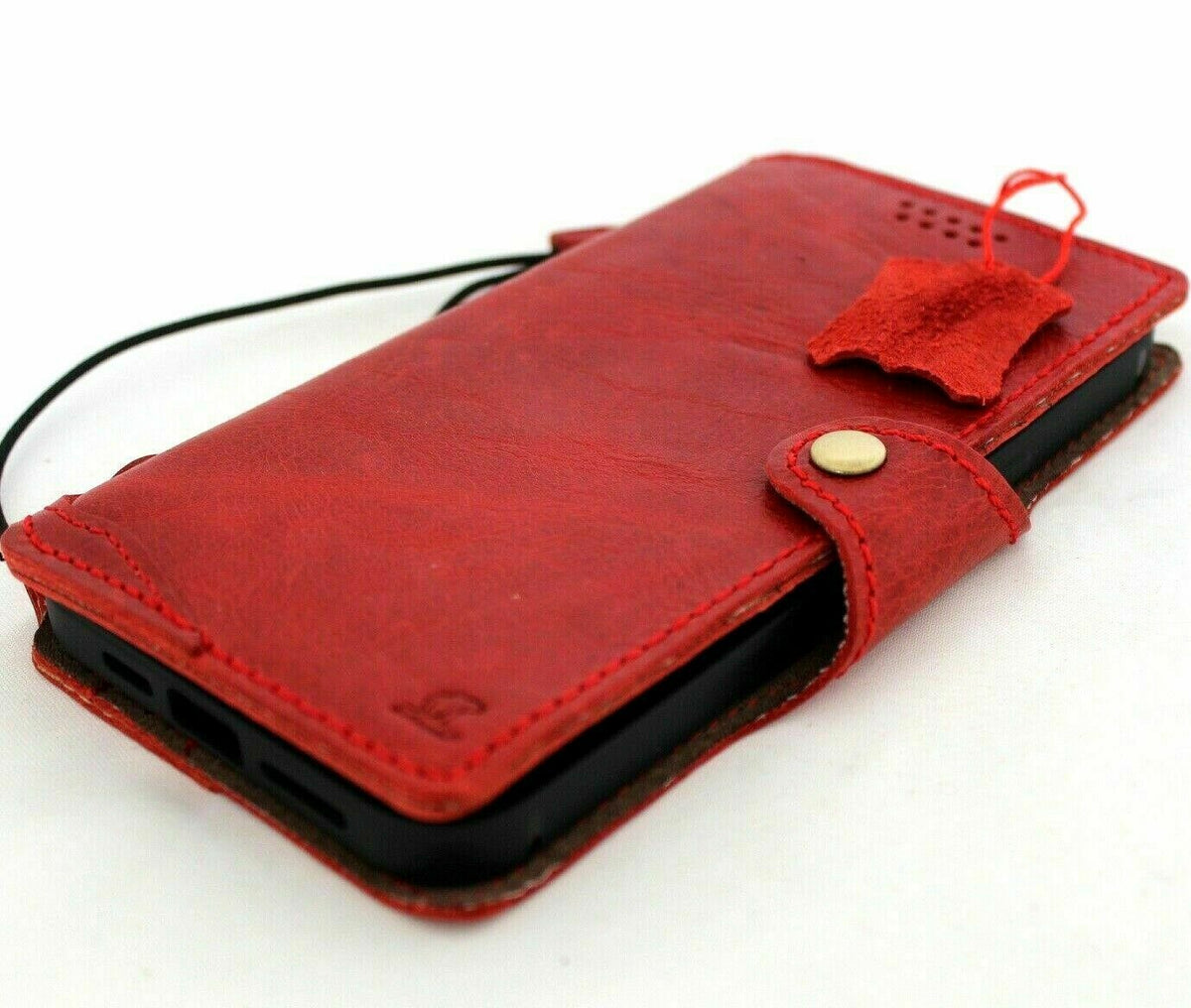 Handmade genuine leather phone case for iPhone 11-17 Pro Max with wallet card slots in rich Davis Red Wine leather.