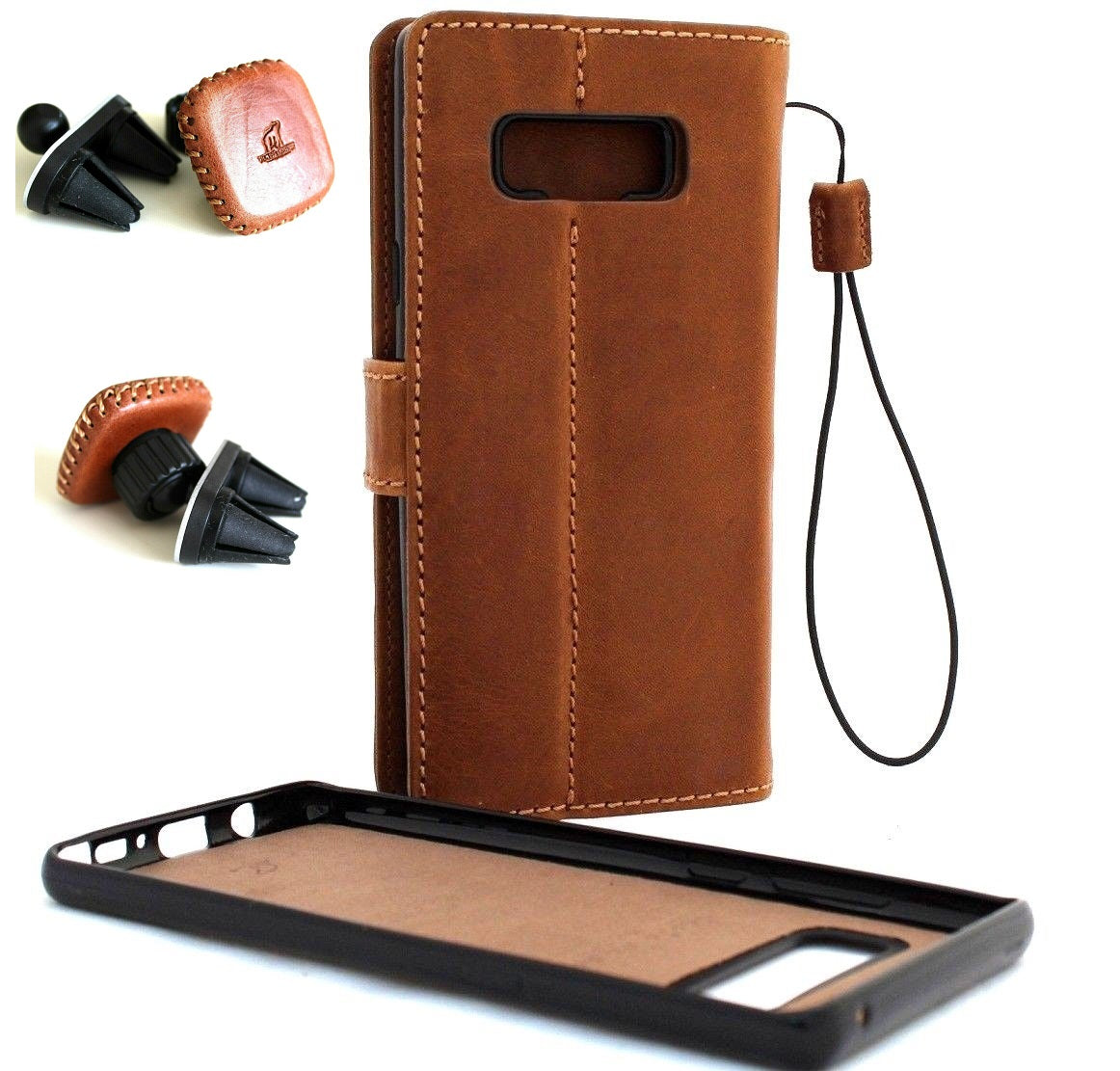 Genuine full tanned leather Galaxy Note 8 wallet case with card slots, ID window, magnetic closure, and magnetic car holder by DavisCase.