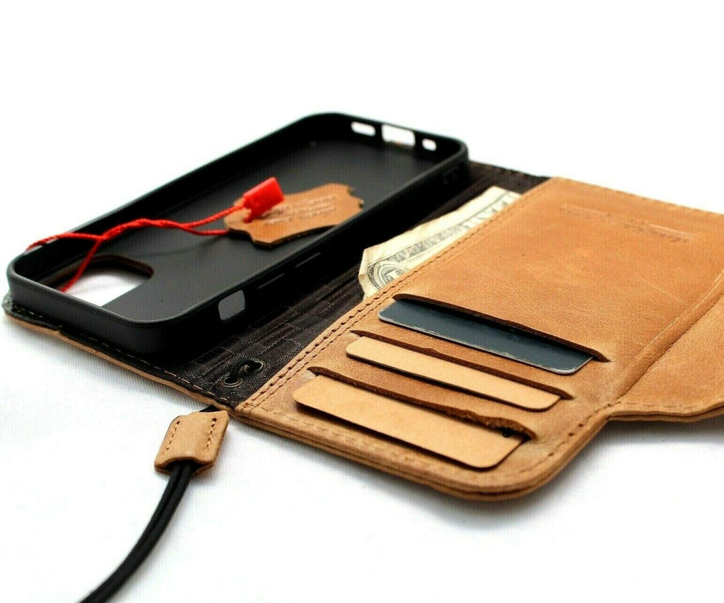 DavisCase genuine leather phone wallet case for Apple iPhone models, vintage dark tan with credit card slots and full grain leather finish.
