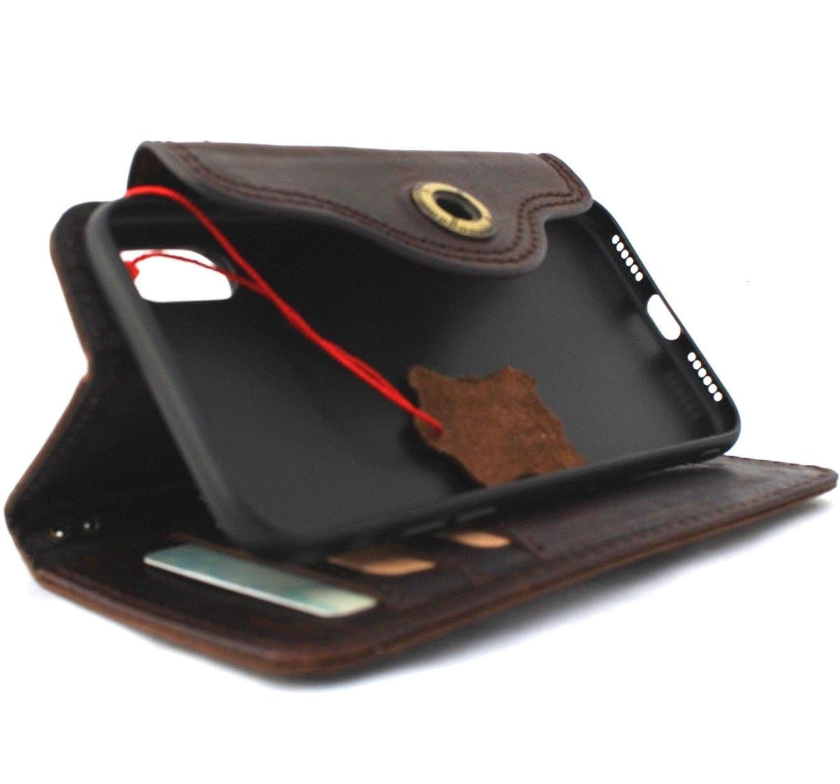 Bright brown genuine leather iPhone X wallet case by DAVISCASE with card slots, slim design, vintage style, compatible with wireless charging.