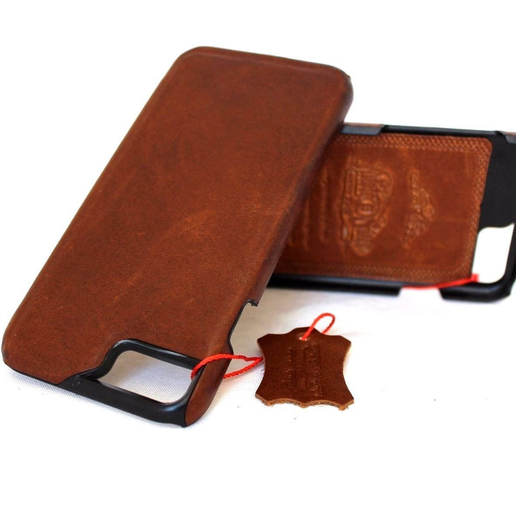 Vintage genuine leather iPhone 8 Plus case with slim book-style holder and luxury handmade craftsmanship.