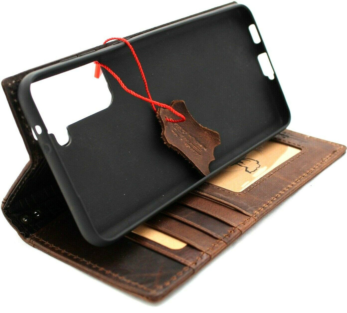 Genuine dark vintage leather Samsung Galaxy S21 Plus 5G wallet case with ID window, card slots, and wireless charging holder by DavisCase