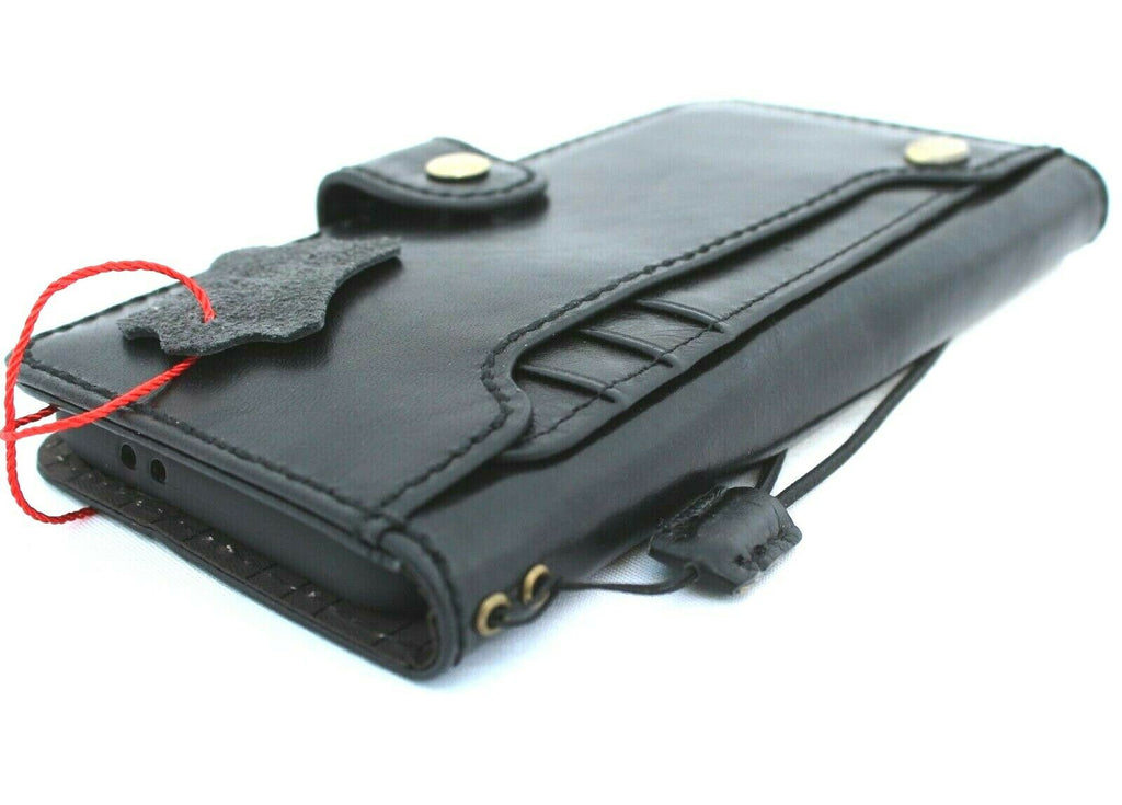 Handmade black Italian leather Samsung Galaxy S21 wallet case with rubber holder, designed for wireless charging by DavisCase.