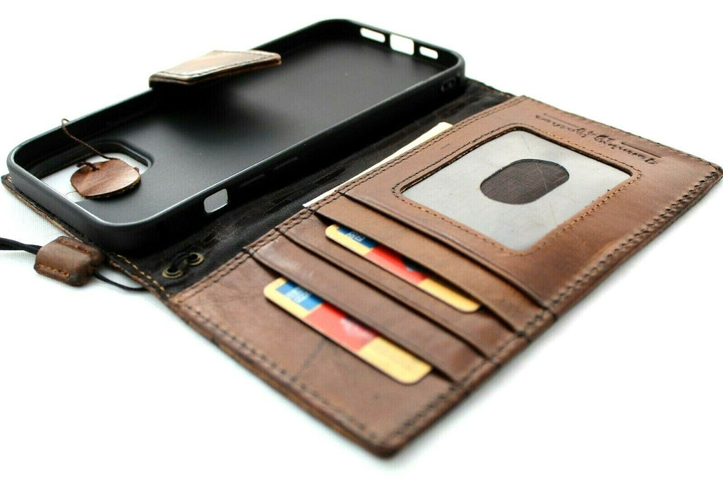 Handcrafted genuine oiled leather wallet case for iPhone 12 Pro Max with ID window, credit card slots, vintage style by DAVISCASE