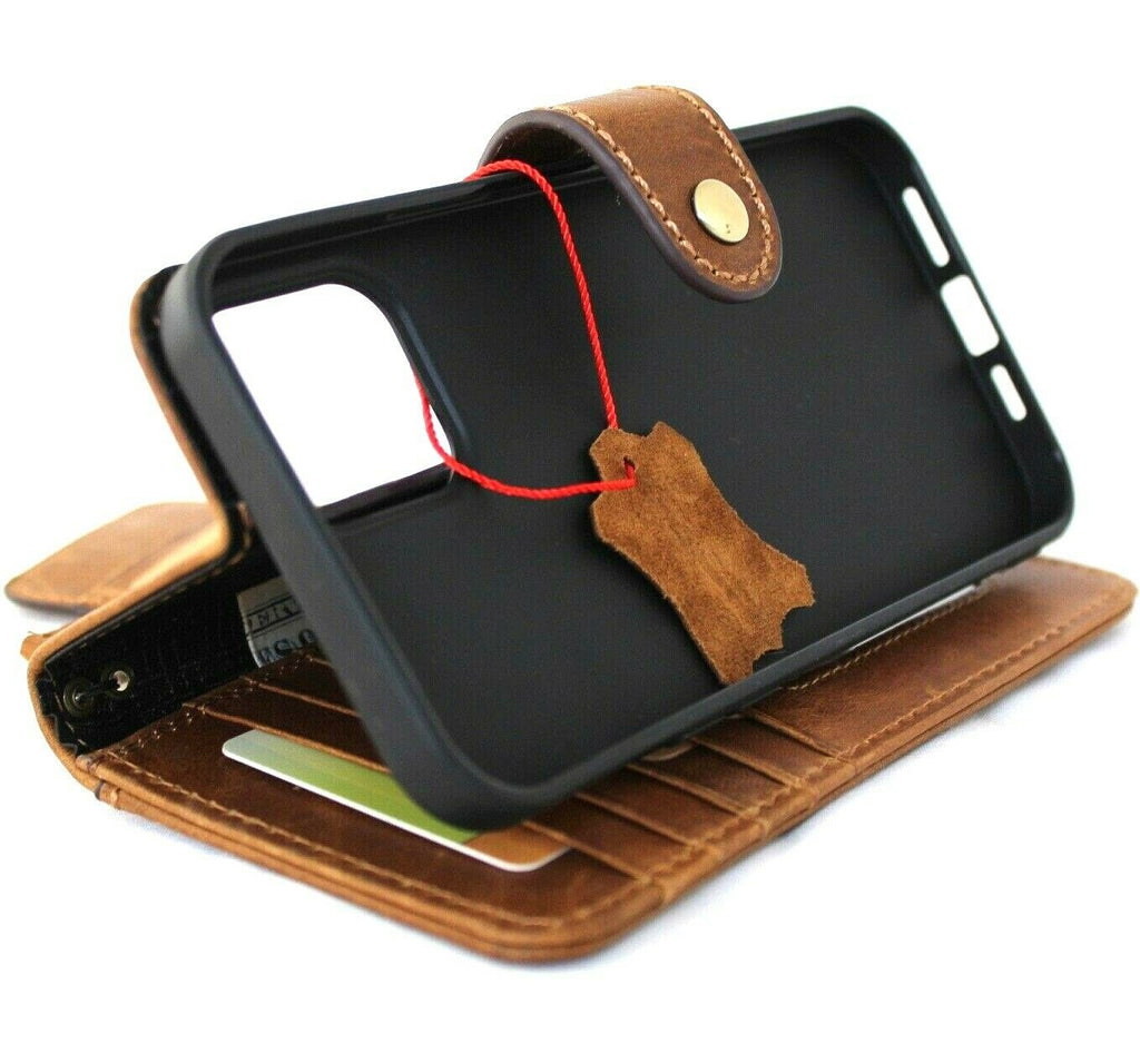DavisCase genuine leather wallet phone case for iPhone 15-17 Pro Max, vintage full grain tan leather with credit card slots and wireless cover