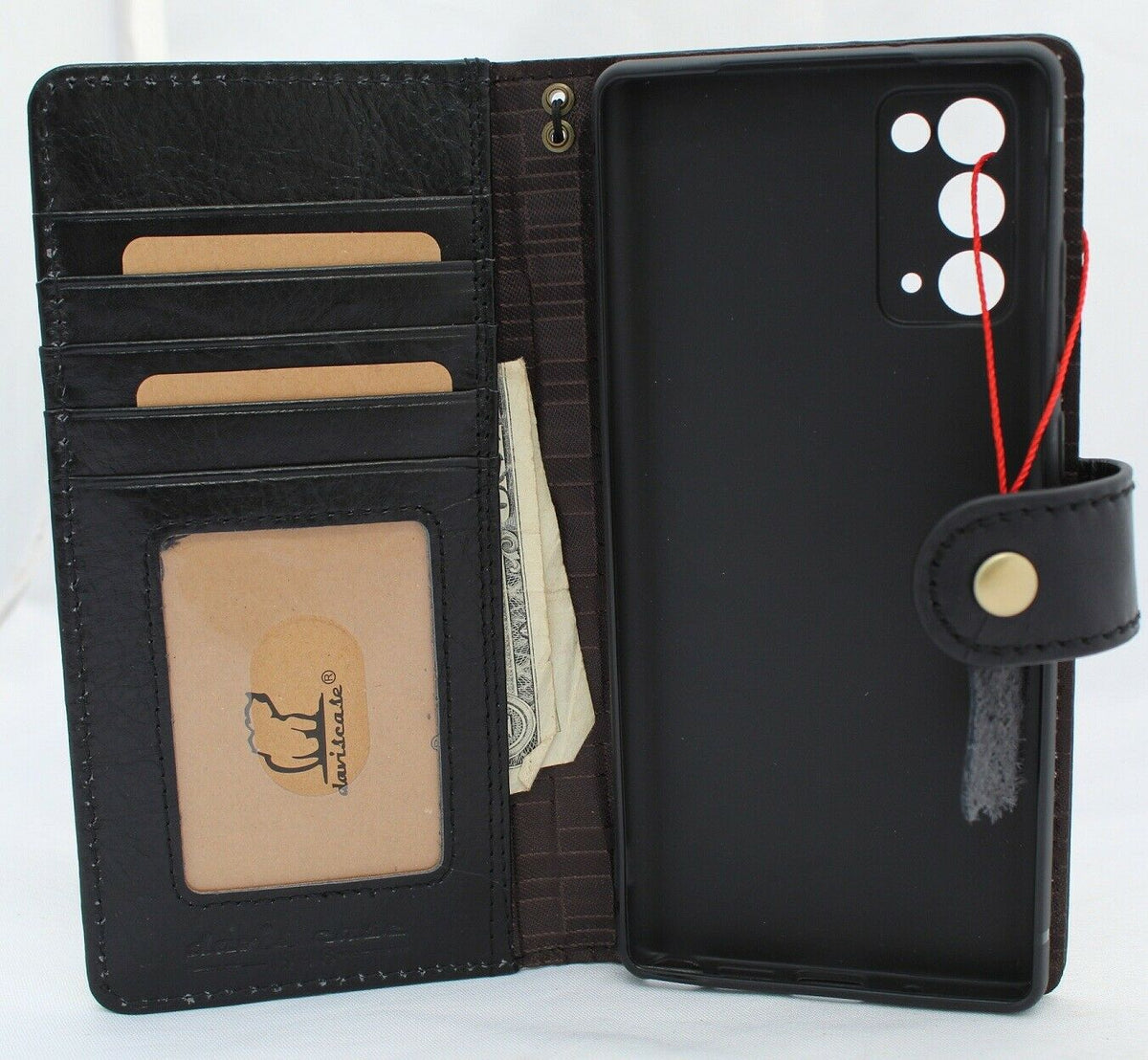 DavisCase genuine black leather wallet cover for Samsung Galaxy Note 20 5G with ID window and card holder, vintage soft design.