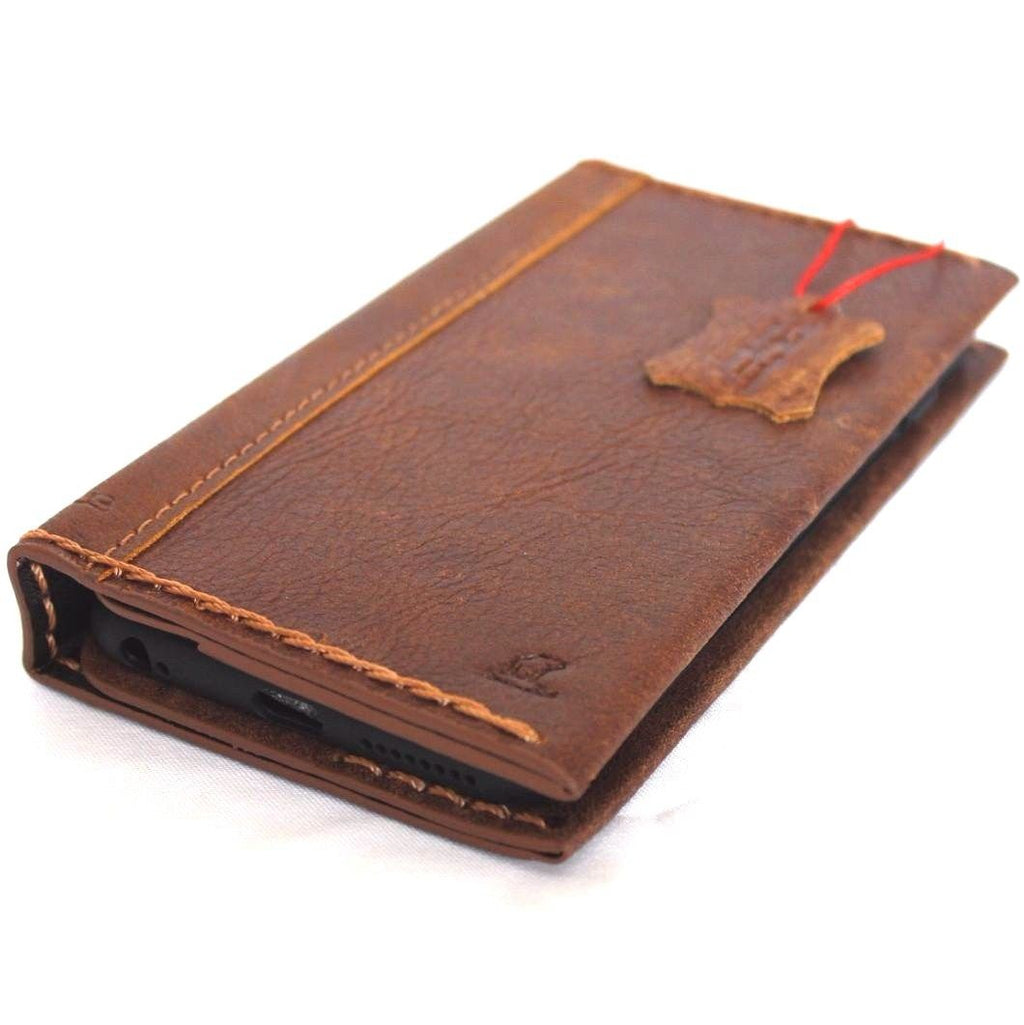 Vintage brown leather handmade iPhone 8 case with wallet card slots, DavisCase soft wireless charging compatible, classic art design.