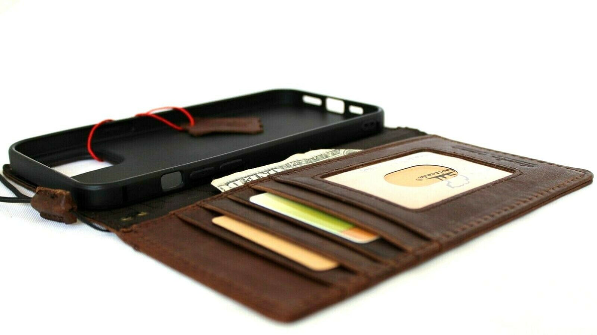 Handmade genuine dark leather iPhone 12 Pro Max case with card slots, ID window, vintage style, soft full grain leather by DAVISCASE