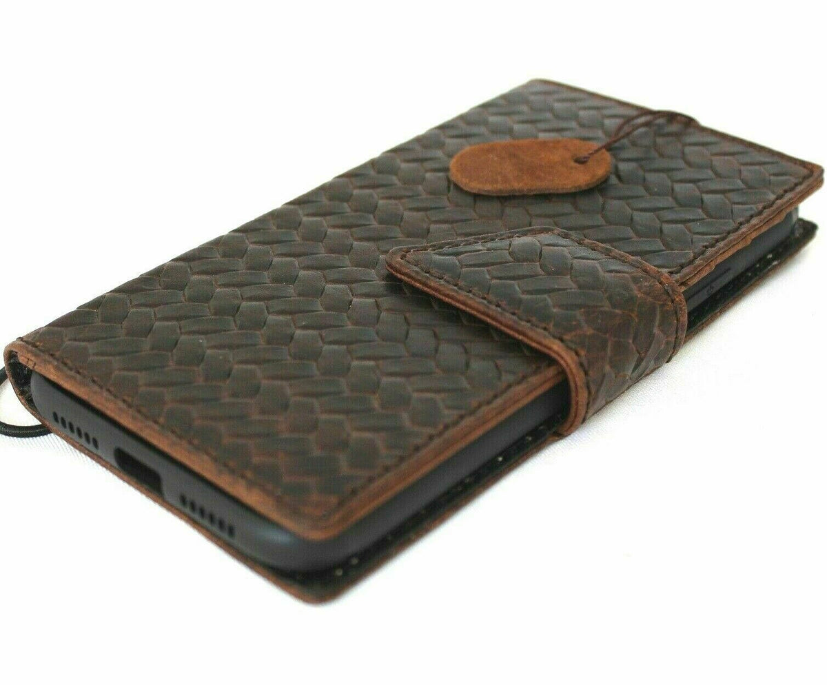 Genuine dark leather iPhone 12 Pro case with vintage braid design, ID window, credit card slots, and magnetic closure by DAVISCASE.