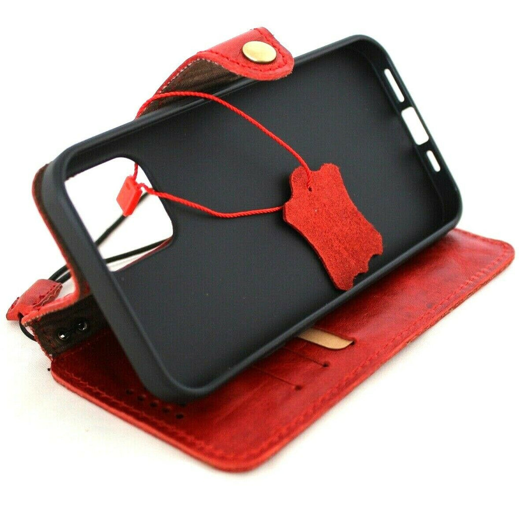 Genuine soft red leather iPhone 12 case by DAVISCASE with vintage book wallet design, credit card slots, slim full grain cover.