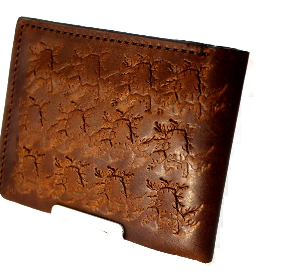 Men's genuine brown leather wallet by DAVISCASE with carved design, credit card slots, bill compartment, and textured cracks.