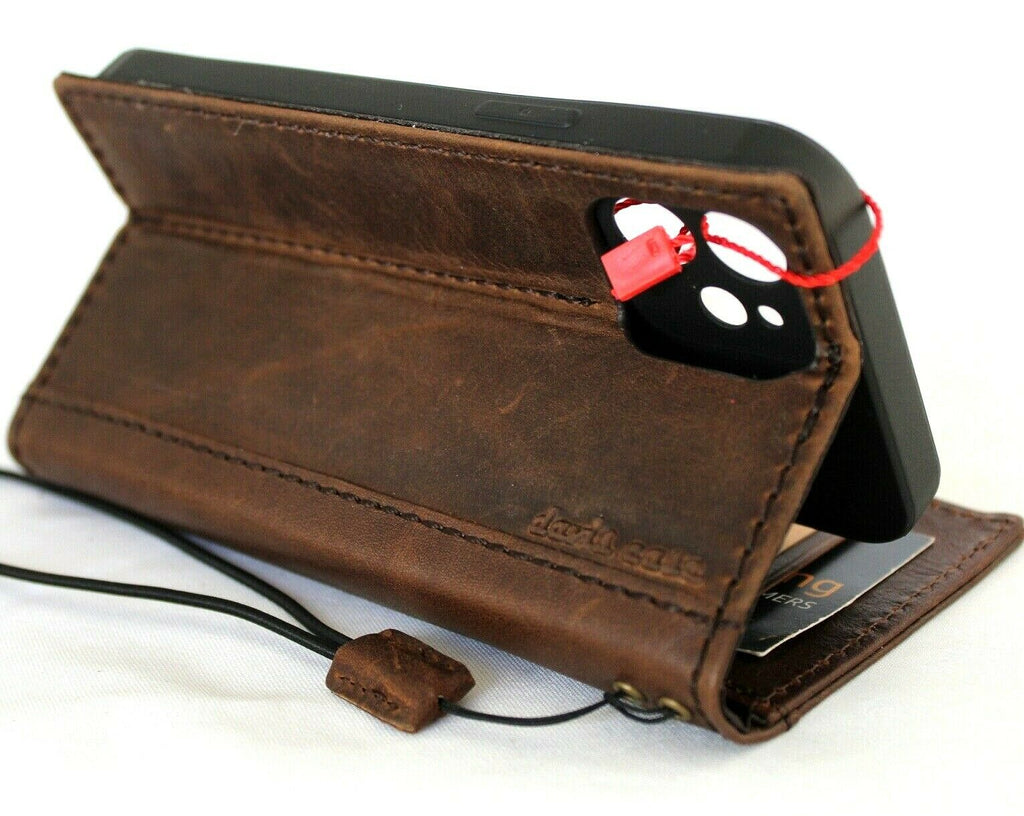 Handmade full-grain dark leather iPhone 12 wallet case with card slots, vintage design, soft cover by DAVISCASE.