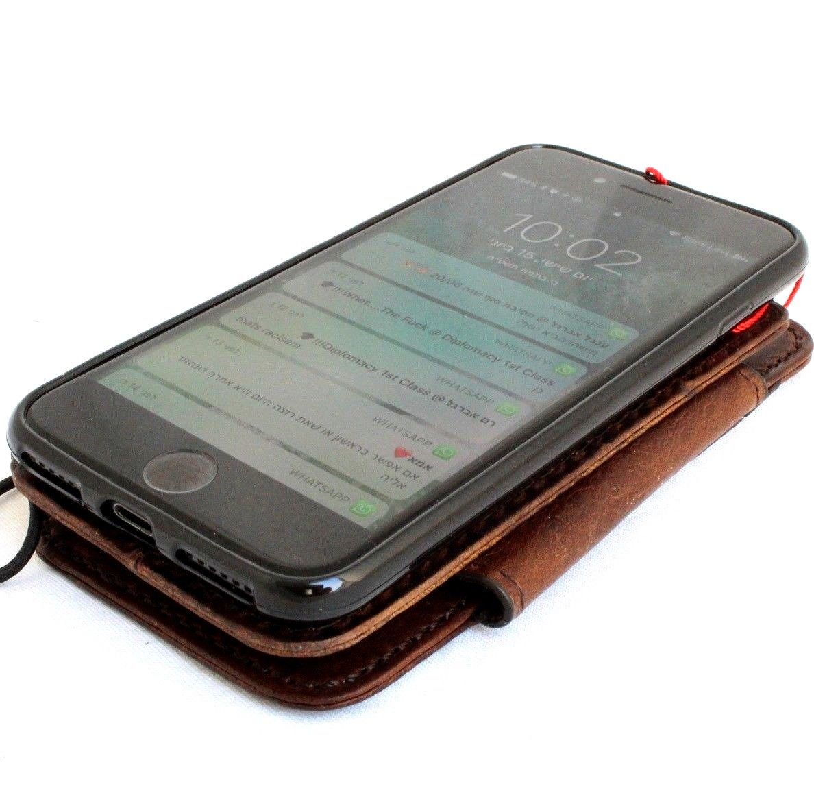 Handmade genuine Italian leather iPhone 8 case with wallet and rubber holder, luxury book-style cover by Jafo.