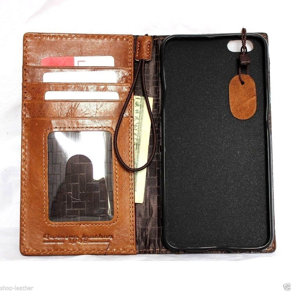 Handmade genuine Italian leather wallet case for iPhone 6 Plus with card slots, flip style, slim design, and band closure.