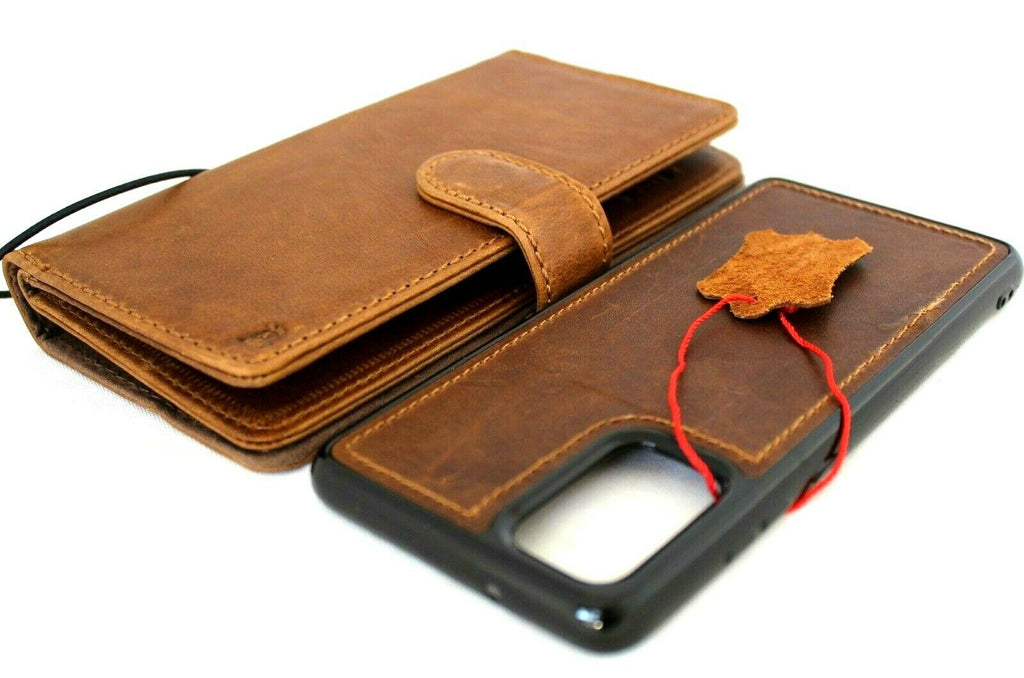 DavisCase genuine full leather Galaxy S20 Plus book wallet case with card slots, magnetic stand, and removable cover in sleek luxury design.