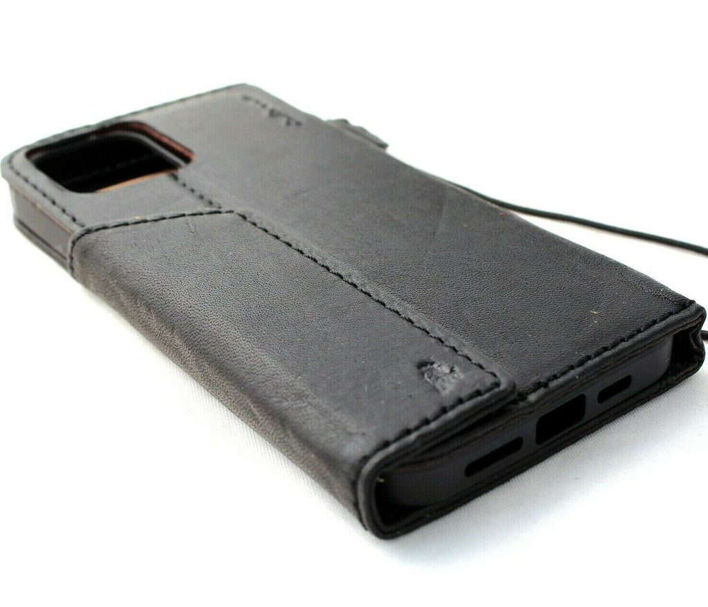 Genuine black leather wallet case for iPhone 12 Pro Max with credit card slots, soft cover, handmade by DAVISCASE.