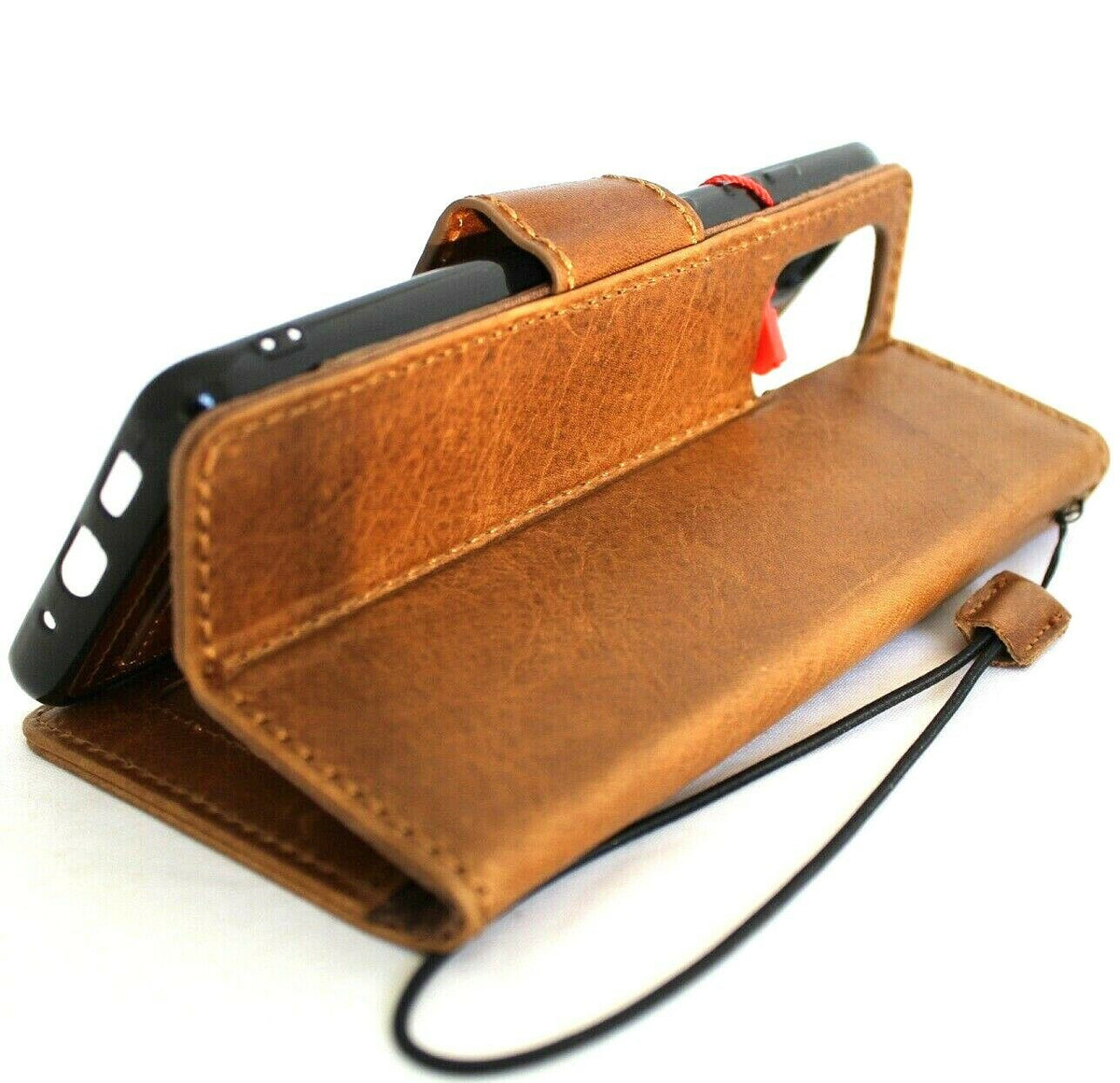 Genuine DavisCase full leather wallet case for Samsung Galaxy S20 Plus, soft tan color with card slots, rubber window, and removable holder.