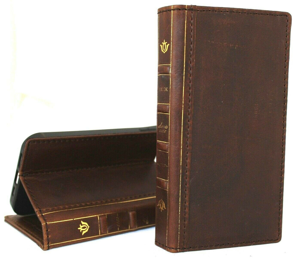 Handmade genuine leather iPhone 12 Pro Max case with Bible book design, ID window, credit card slots, soft slim full grain DavisCase