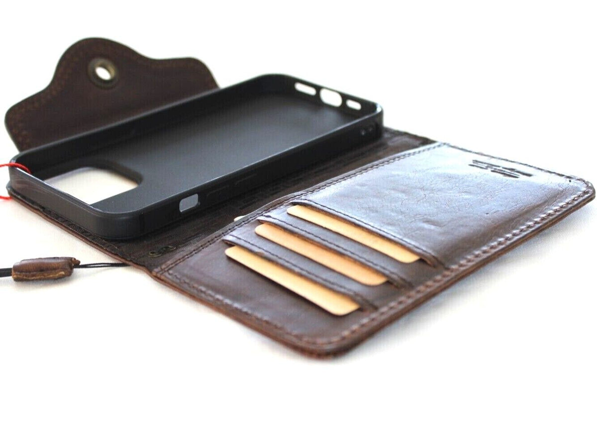 Handmade genuine leather phone case by DAVISCASE for iPhone 11-15 Pro Max, vintage design with stamping and full grain leather.