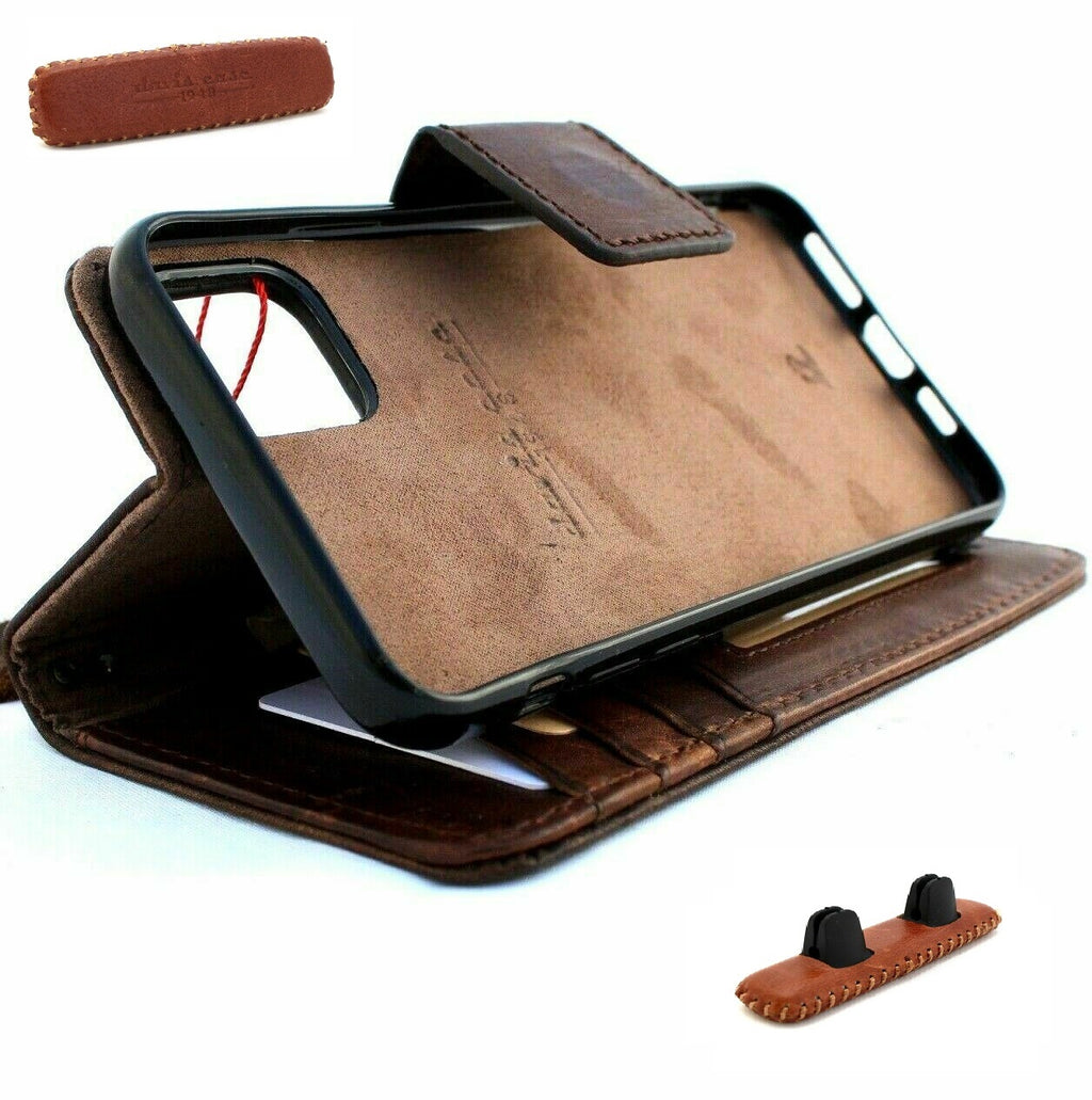Handmade genuine leather iPhone 11 case with wallet, credit card holder, magnetic book cover, and removable car holder by DAVISCASE