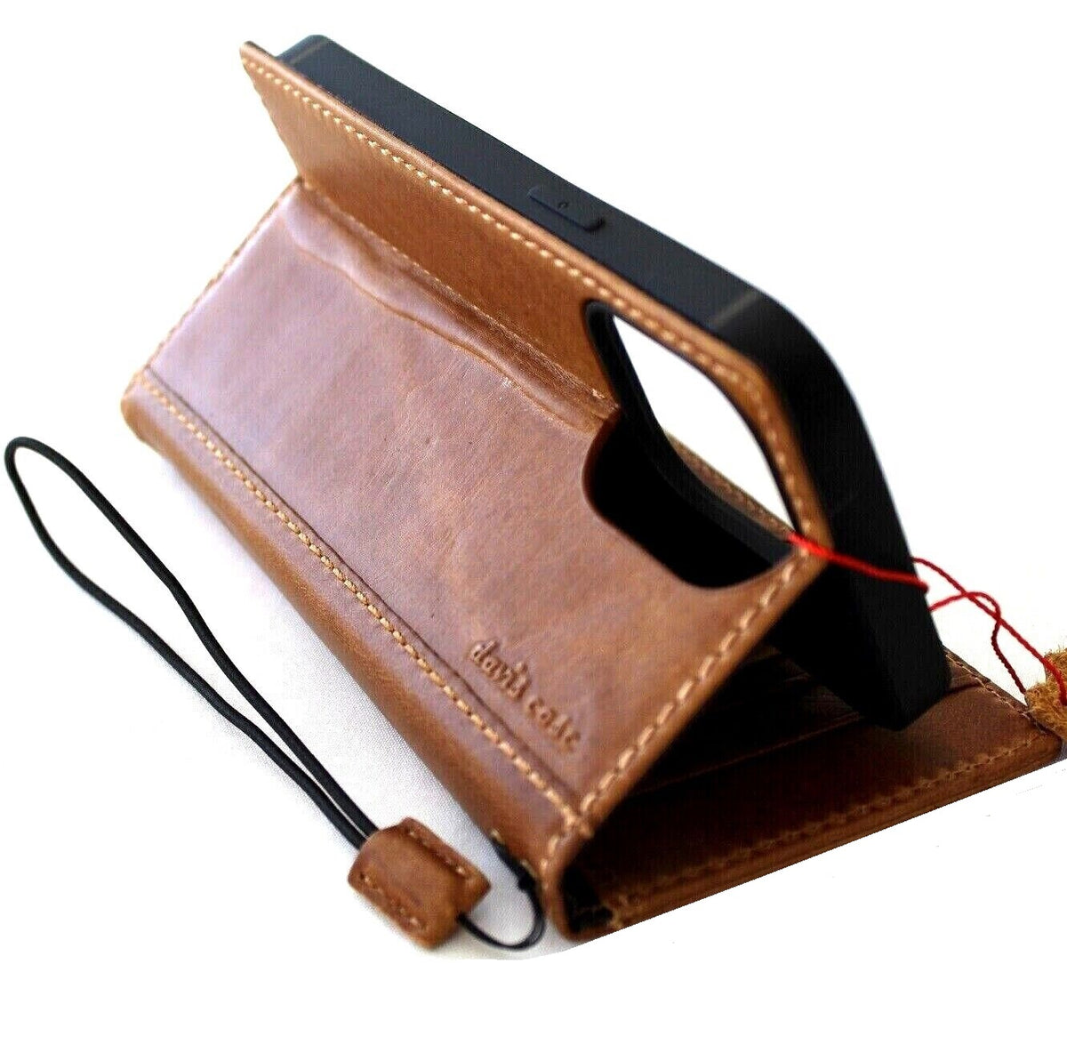Handmade DAVISCASE genuine leather phone case for iPhone 12-17 Pro Max, with card slots and luxury stamped design.