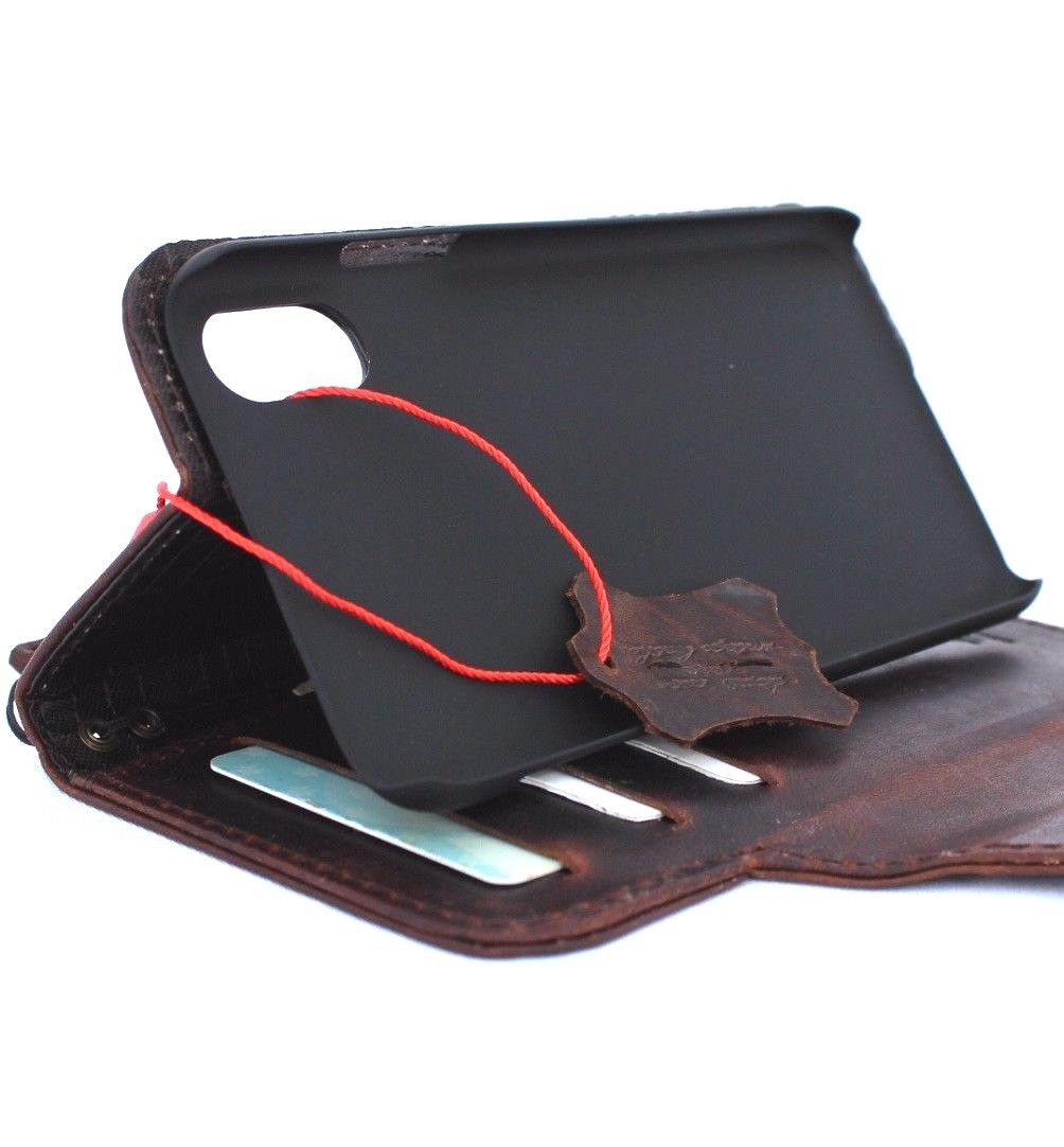 Dark brown genuine leather iPhone X wallet case with card slots, magnet closure, slim vintage design by Daviscase.