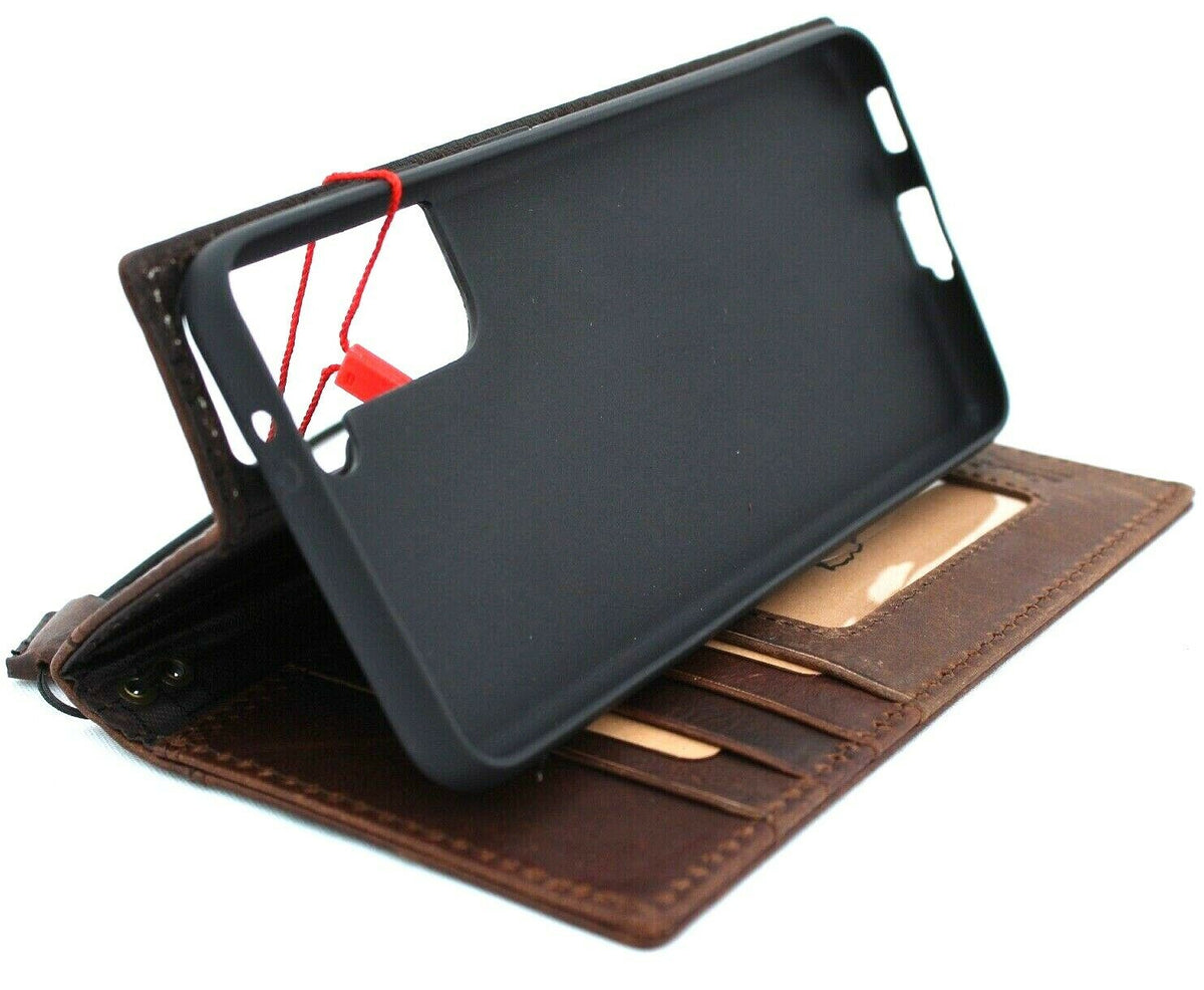 Genuine leather Galaxy S21 book wallet case by DAVISCASE with card slots, wireless charging holder, and luxury rubber ID slot.