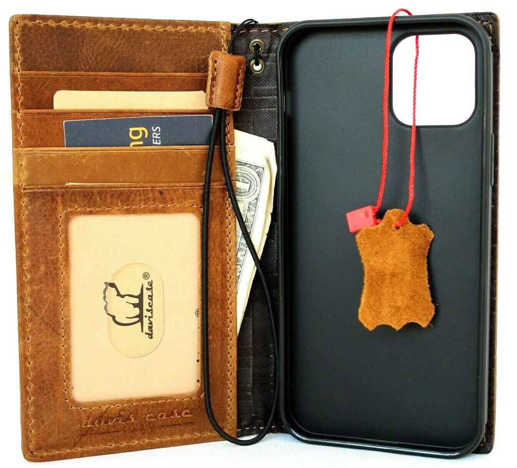 Genuine tan leather iPhone 12 Pro case by DAVISCASE with wallet features, ID window, credit card slots, soft slim full grain leather