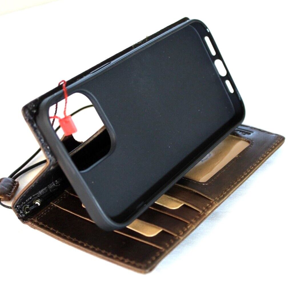 Handmade genuine leather phone case for iPhone models with vintage style, card slots, and full grain leather by DAVISCASE.