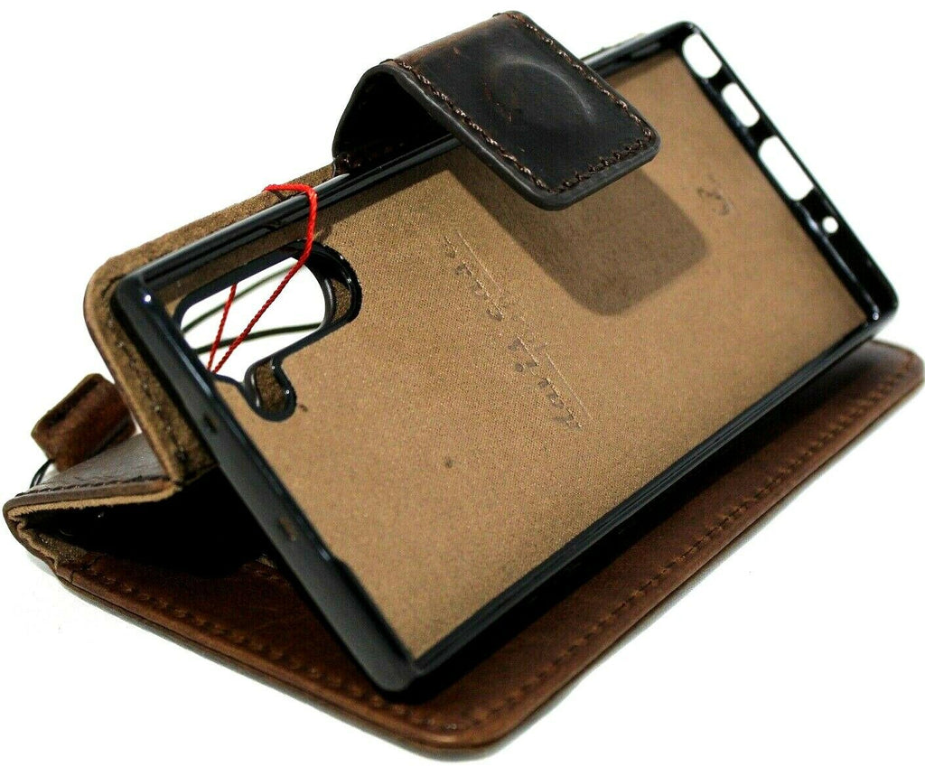 Genuine full dark leather Galaxy Note 10 case by DavisCase with wallet design, window, removable stand, and soft interior for wireless charging