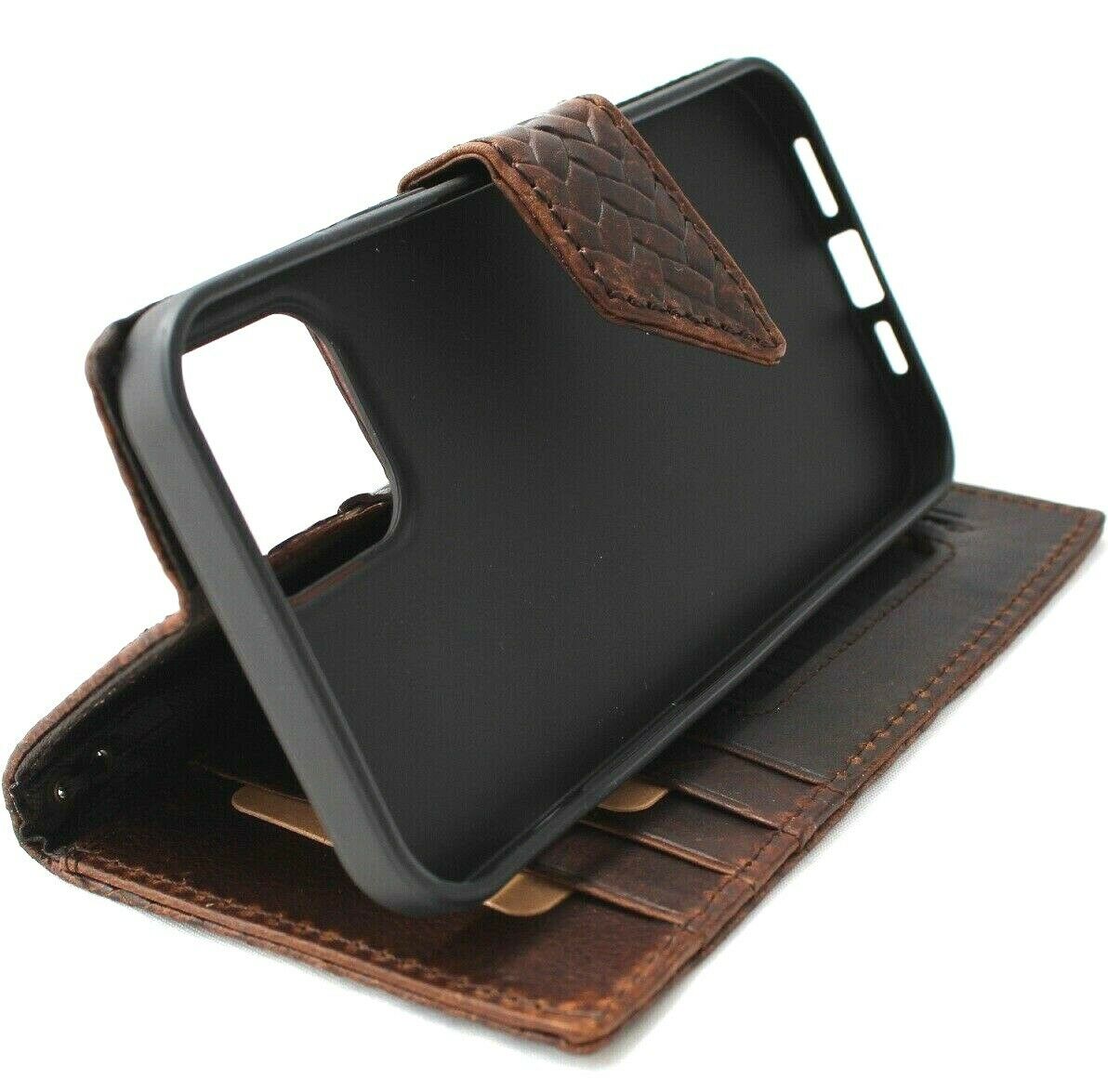Handmade genuine leather wallet case for iPhone 11 Pro Max with card slots, rubber strap, and wireless charging compatibility by DAVISCASE.