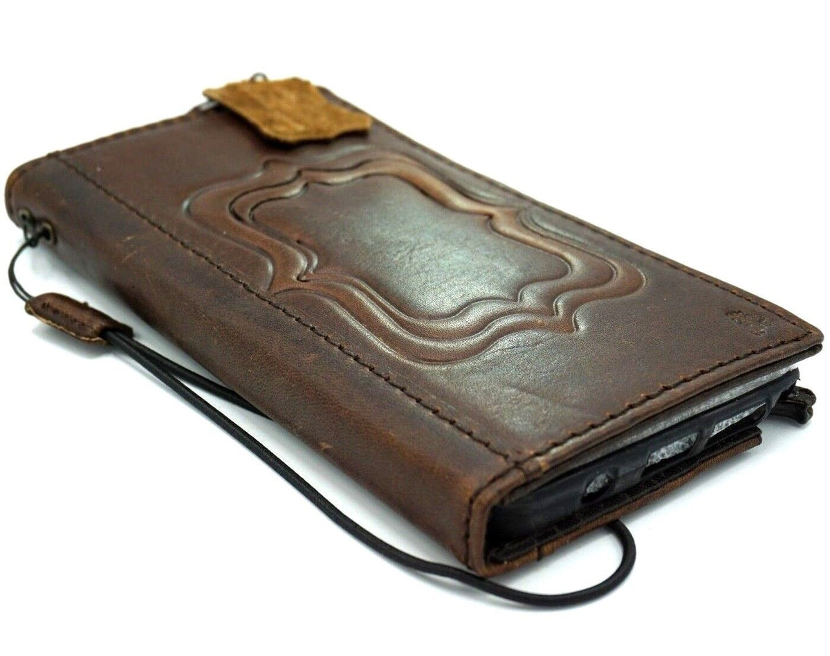 Handmade DAVISCASE leather phone case for iPhone 12-16 Pro Max and 8 Plus, vintage style wallet with embossed design and card slots.
