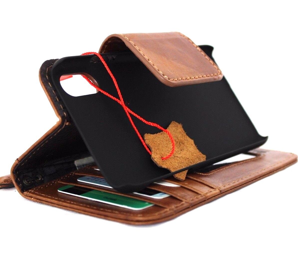 Bright brown genuine leather iPhone X case with magnetic closure, card slots, and vintage slim wallet design.