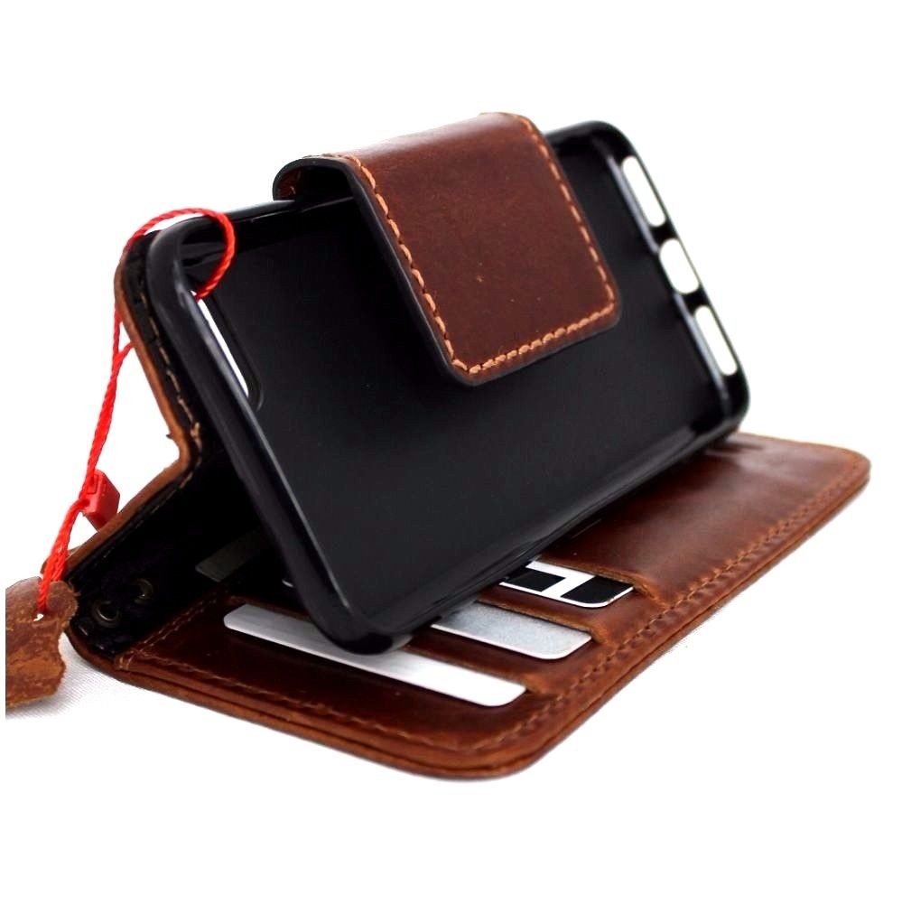 Genuine full leather iPhone 8 case with wallet design, card slots, magnetic closure, slim fit, compatible with wireless charging.