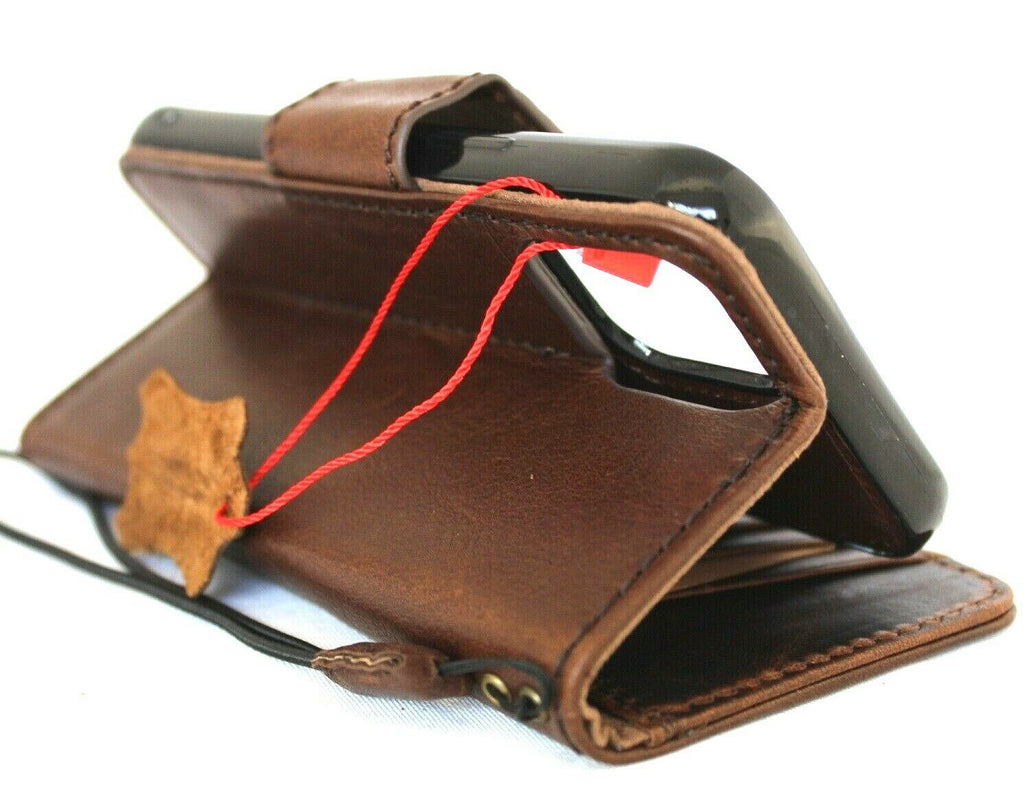 Genuine dark natural leather iPhone 12 Pro case by DAVISCASE with ID window, credit card slots, magnetic detachable cover, and car holder.
