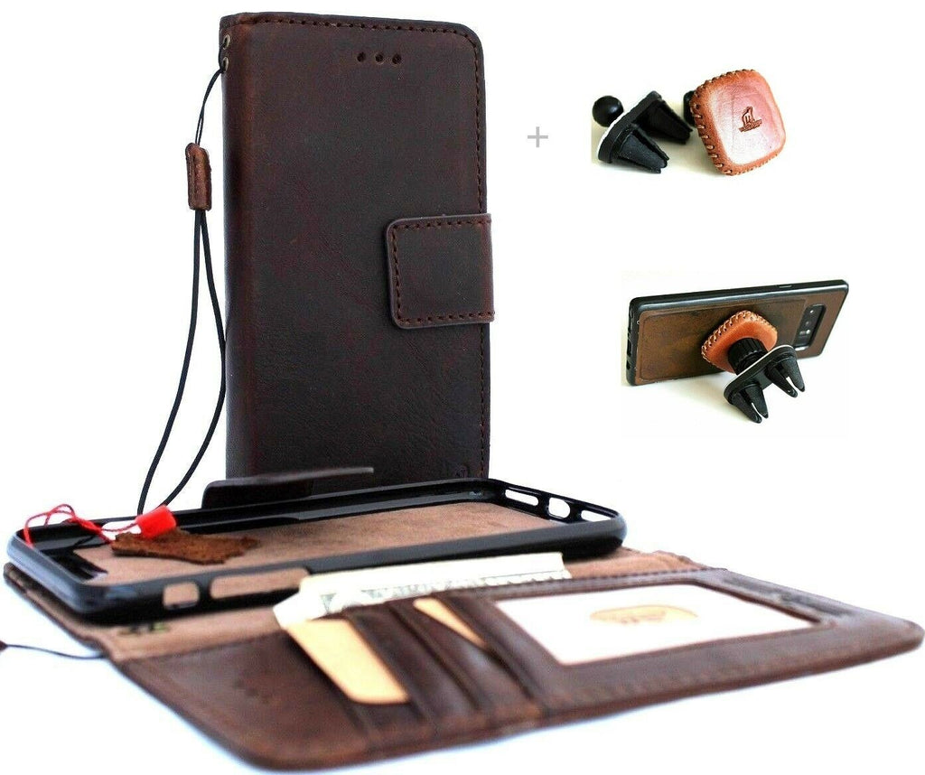 Dark leather wallet case for iPhone SE 2 with magnetic closure, slim design, card slots, and magnetic car holder from Davis.