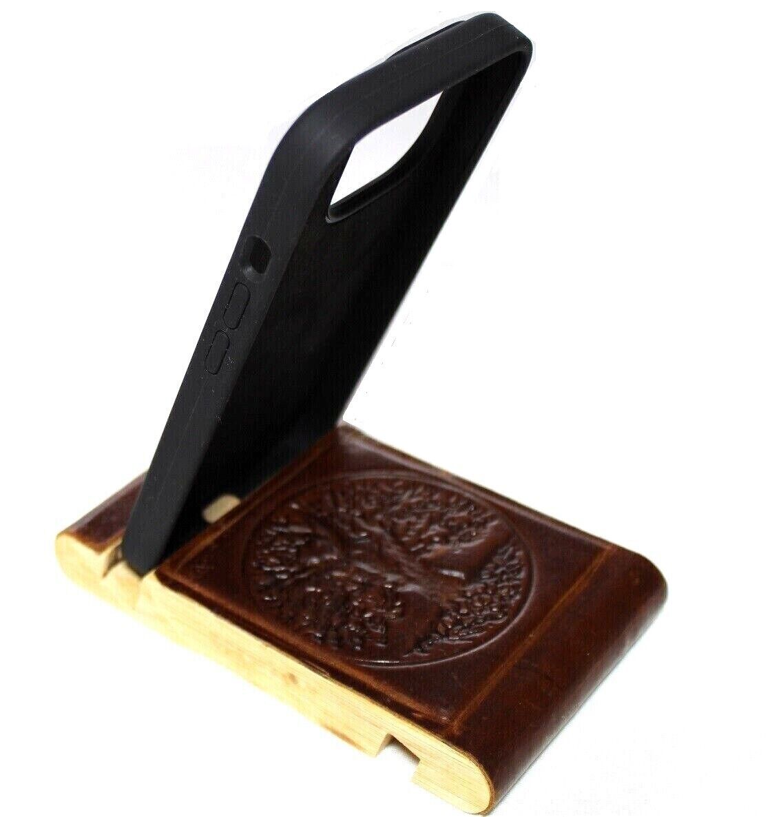 Handcrafted leather phone stand for iPhone 11-14 Pro Max, vintage rustic style with wood accents and detailed craftsmanship by DAVISCASE.