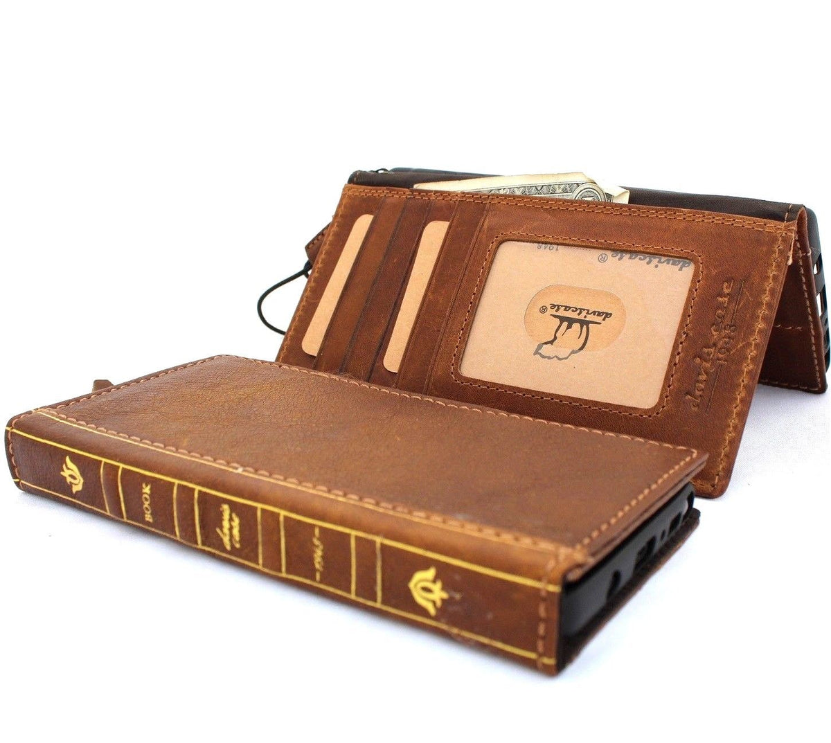 Tan genuine leather Samsung Galaxy Note 9 wallet case with card slots, slim design, and wireless charging compatibility by DAVISCASE.