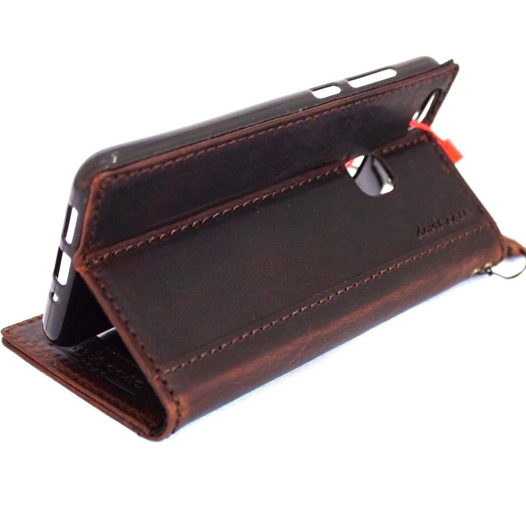 Handmade genuine brown leather phone case for Huawei P10 Lite, slim wallet cover with book-style design and luxury finish.
