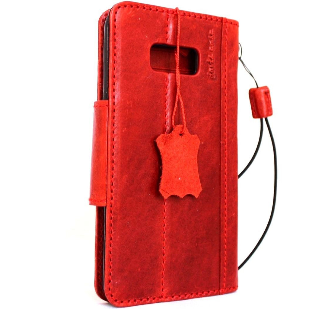 Vintage red genuine oil leather phone case for Samsung Galaxy S8 Plus, handmade wallet with magnetic closure.