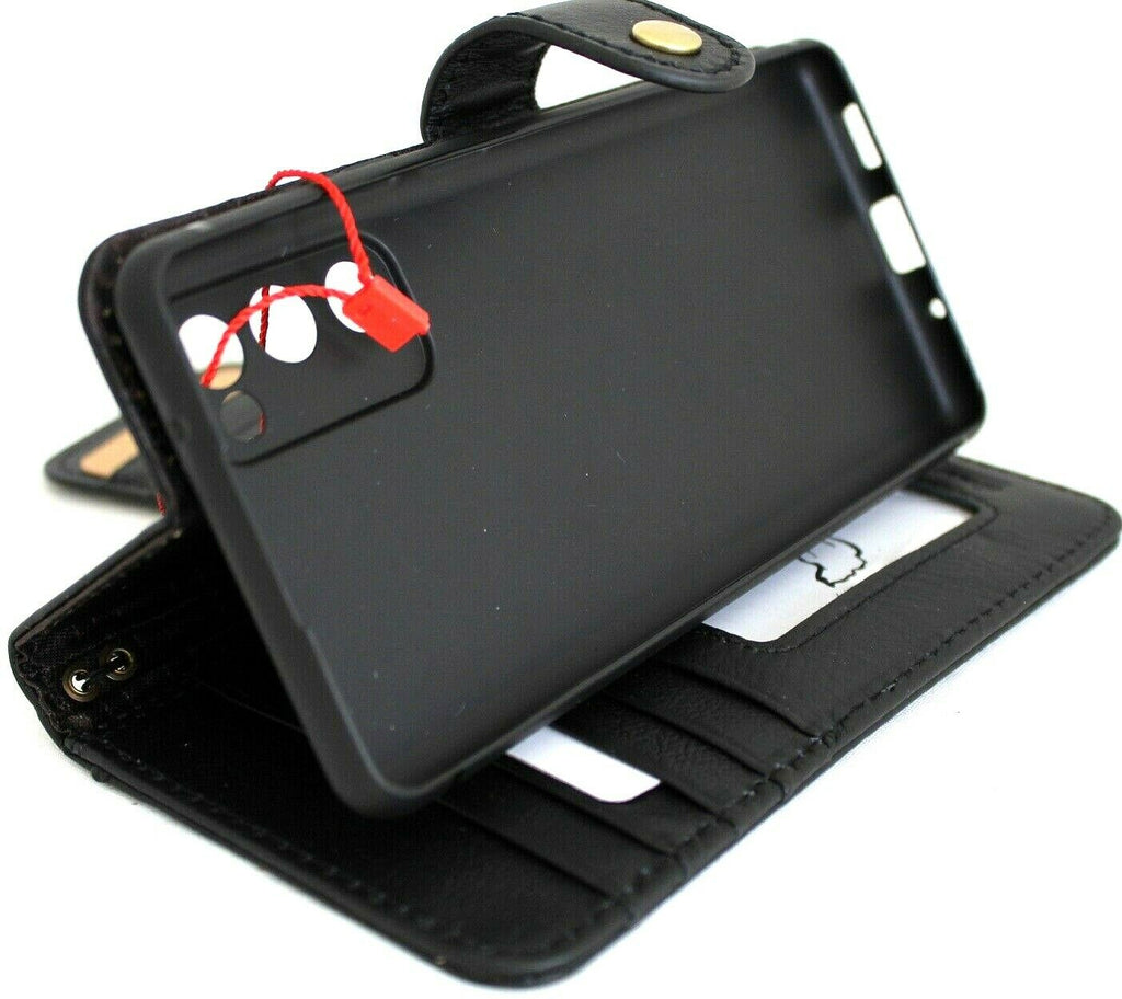 Black leather wallet case for Samsung Galaxy S20 FE by DAVISCASE with card slots, ID window, soft rubber interior, vintage style.
