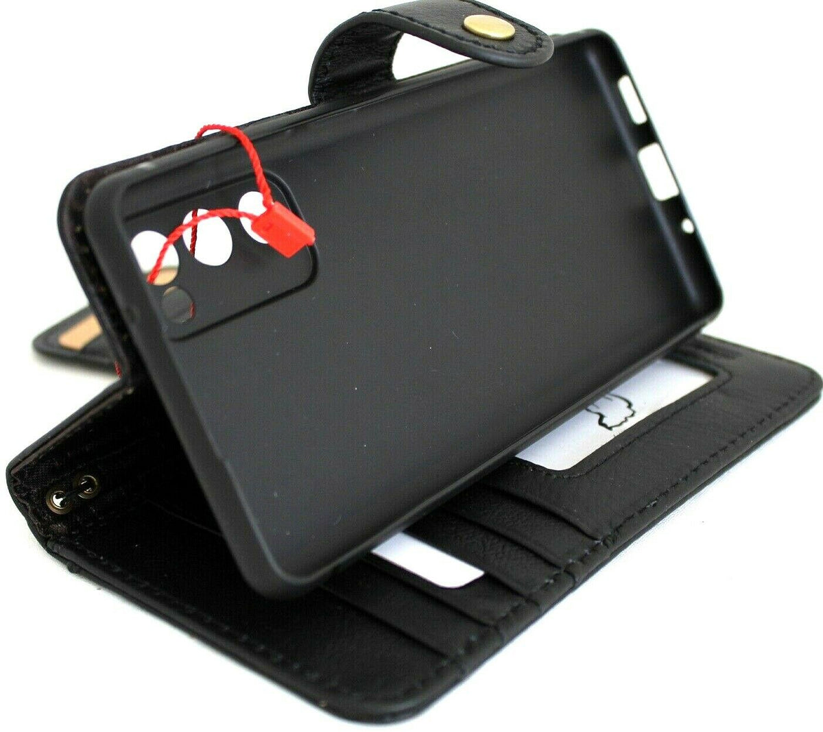 Black leather wallet case for Samsung Galaxy S20 FE by DAVISCASE with card slots, ID window, soft rubber interior, vintage style.