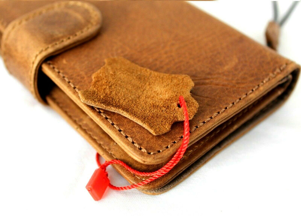Genuine soft leather iPhone 13 Pro Max case by DAVISCASE with vintage tan finish, wallet design, ID window, and magnetic cover.