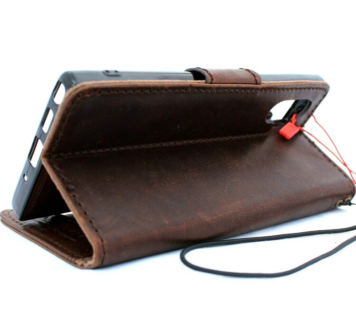 Dark brown genuine vintage leather case for Samsung Galaxy Note 10 Plus with wallet slots, removable holder, stand, and magnetic closure.