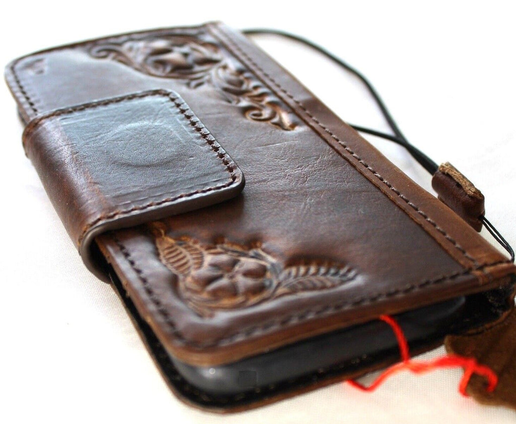 Handmade genuine leather wallet case for iPhone 11-15 Pro Max, vintage style with ID window, credit card slots, and full grain leather.