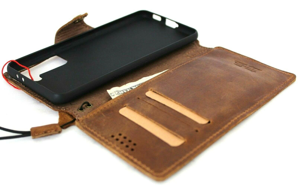 Genuine vintage leather Samsung Galaxy S21 Plus Book wallet case by DavisCase, soft rubber tan holder with card slots and luxury finish.