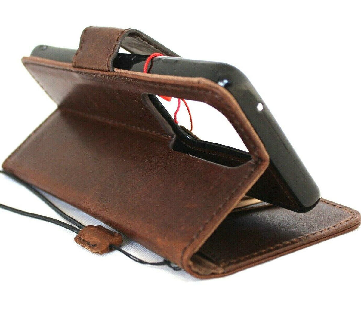 Genuine vintage leather Samsung Galaxy S20 Ultra case by DAVISCASE with wallet slots, magnetic closure, and detachable card holder.