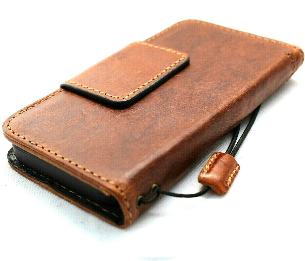 Handmade full tan leather wallet phone case for iPhone 12 mini with credit card slots, soft magnetic closure, vintage style by DAVISCASE
