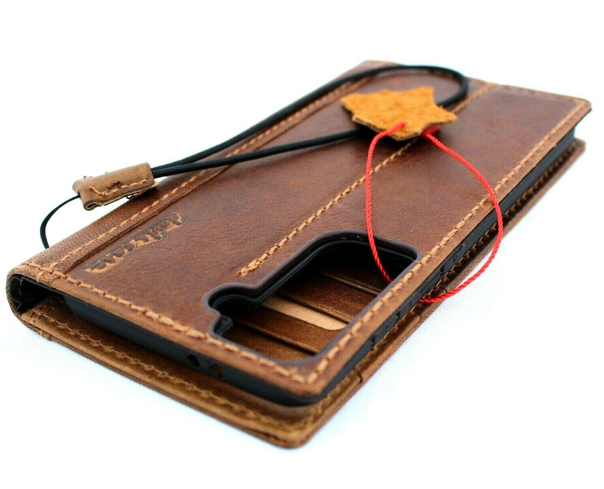 Genuine leather Samsung Galaxy S21 wallet case by DAVISCASE with ID window, card slots, wireless charging holder, in tan color.