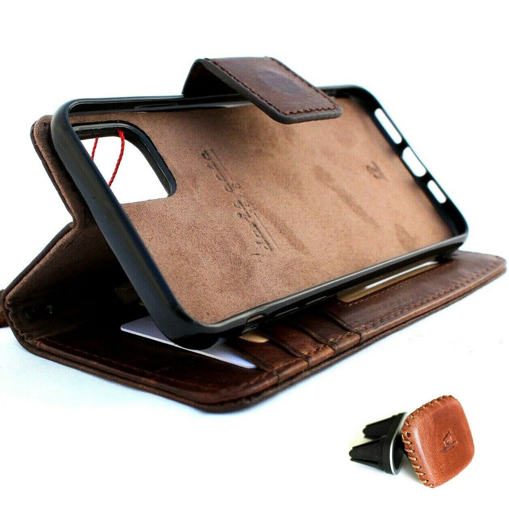 Handmade genuine leather case for Apple iPhone 11 with wallet credit holder, magnetic book cover, and detachable prime holder by DAVISCASE.